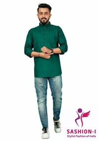 Men's Stylish Full Sleeve Short Kurta - Bottle Green